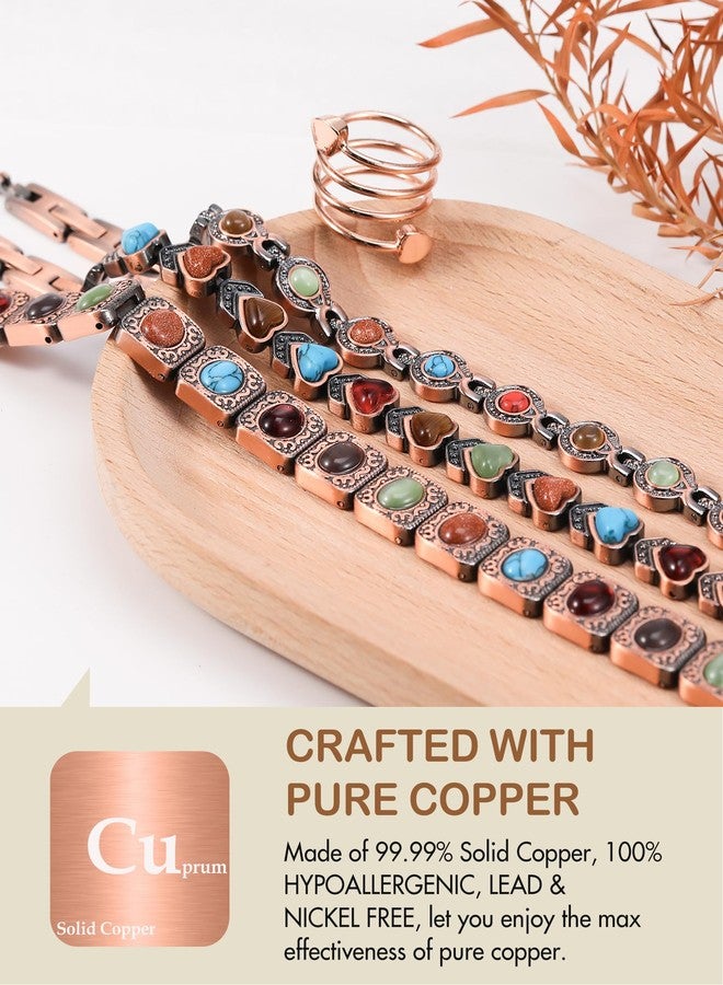 Feraco Pure Copper Bracelets & Rings for Women, Ultra Strength Magnetic Copper Bracelet with 3800 Gauss Magnets, Natural Turquoise & Stones, Adjustable Jewelry Gift (Heart Bloom) - Image 4